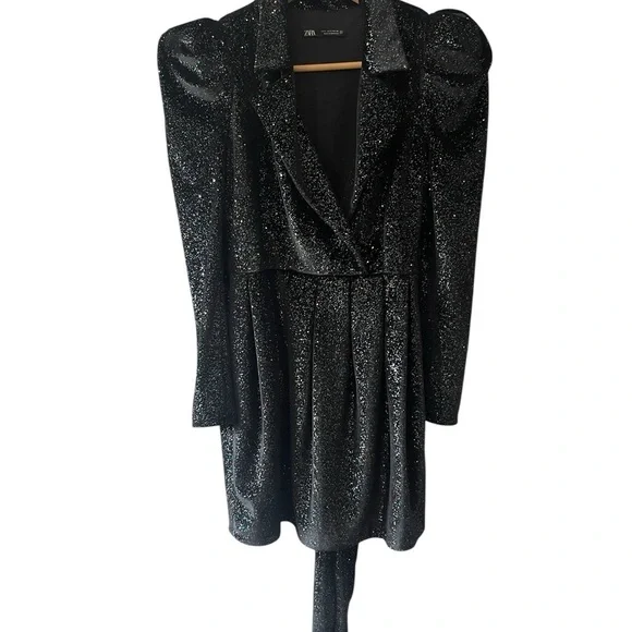 ZARA Glittery Velvet sparkle puff sleeve black Blazer mini Dress with tie belt S - Picture 5 of 6